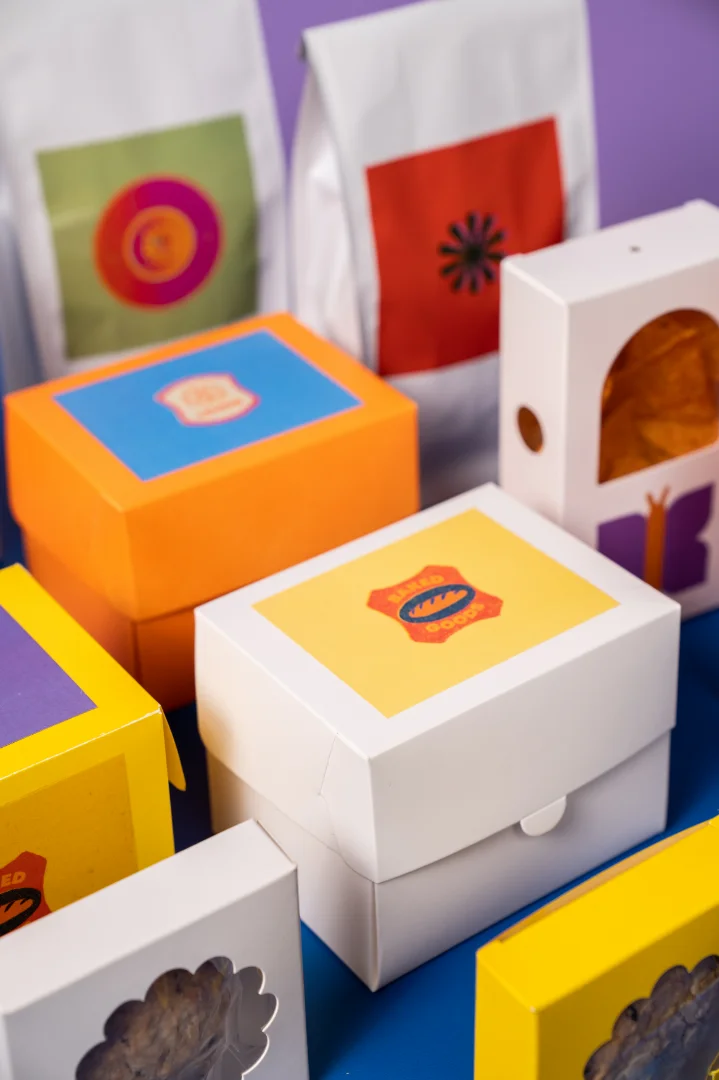 A group of cardboard boxes with different designs